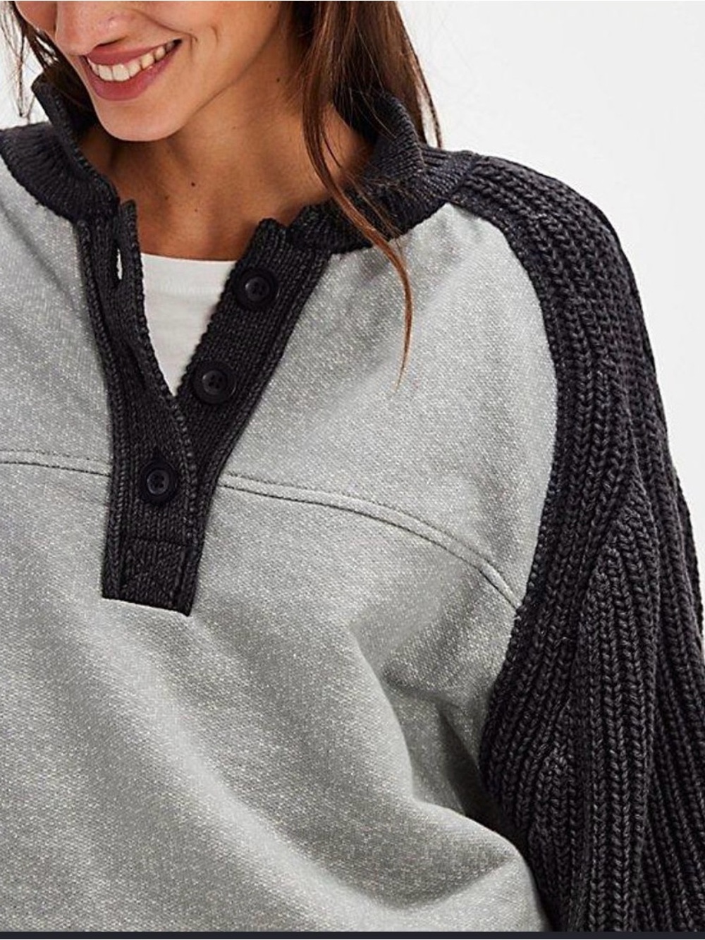 We The Free Two-Tone Crewneck Henley Sweater - Black & Light Gray